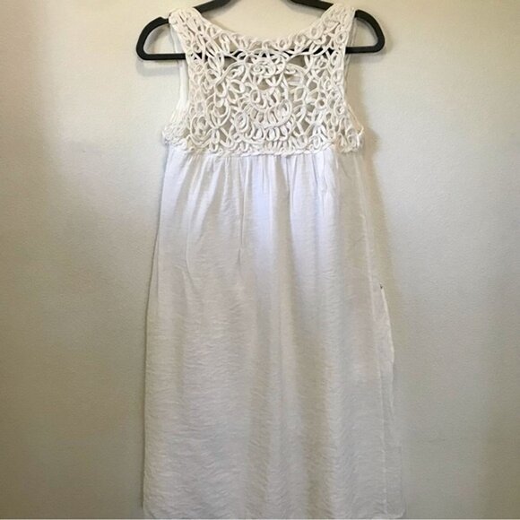 White Macramé Crochet Prairie Core Women's Shift Festival Dress w/ Front Pockets - Picture 5 of 9